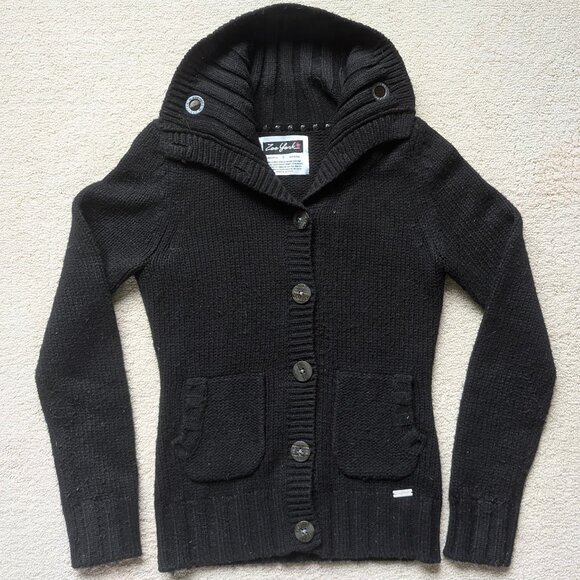 Zoo York Chunky Knit Warm Thick Funnel Neck Cardigan Sweater Women's Small black - Picture 1 of 11